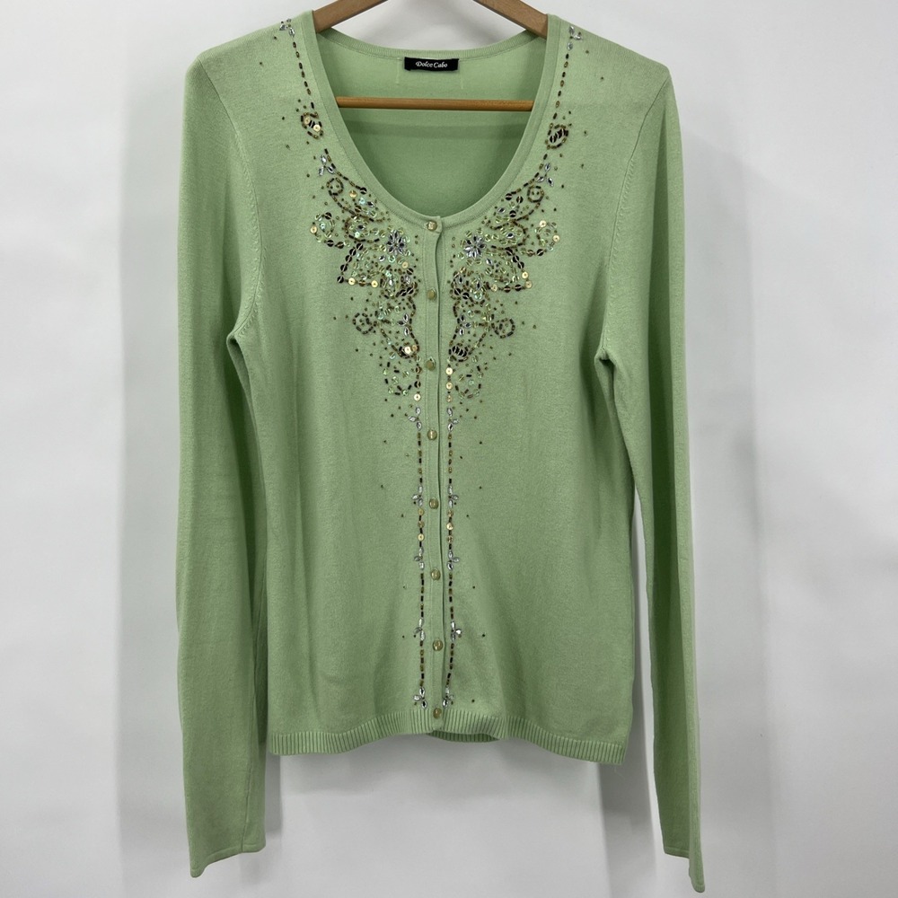 Dolce Cabo Womens Medium Pastel Green Cardigan Bedazzled Soft Easter Spring‎ EUC